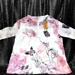 Sheer white pink floral butterfly adjustable sleeves top NWT
